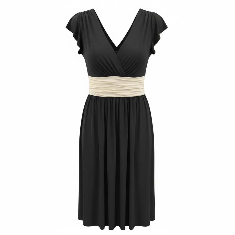 Vintage Jones New York Dress Black V-Neck Midi Cream Ruched Waist Band size 16